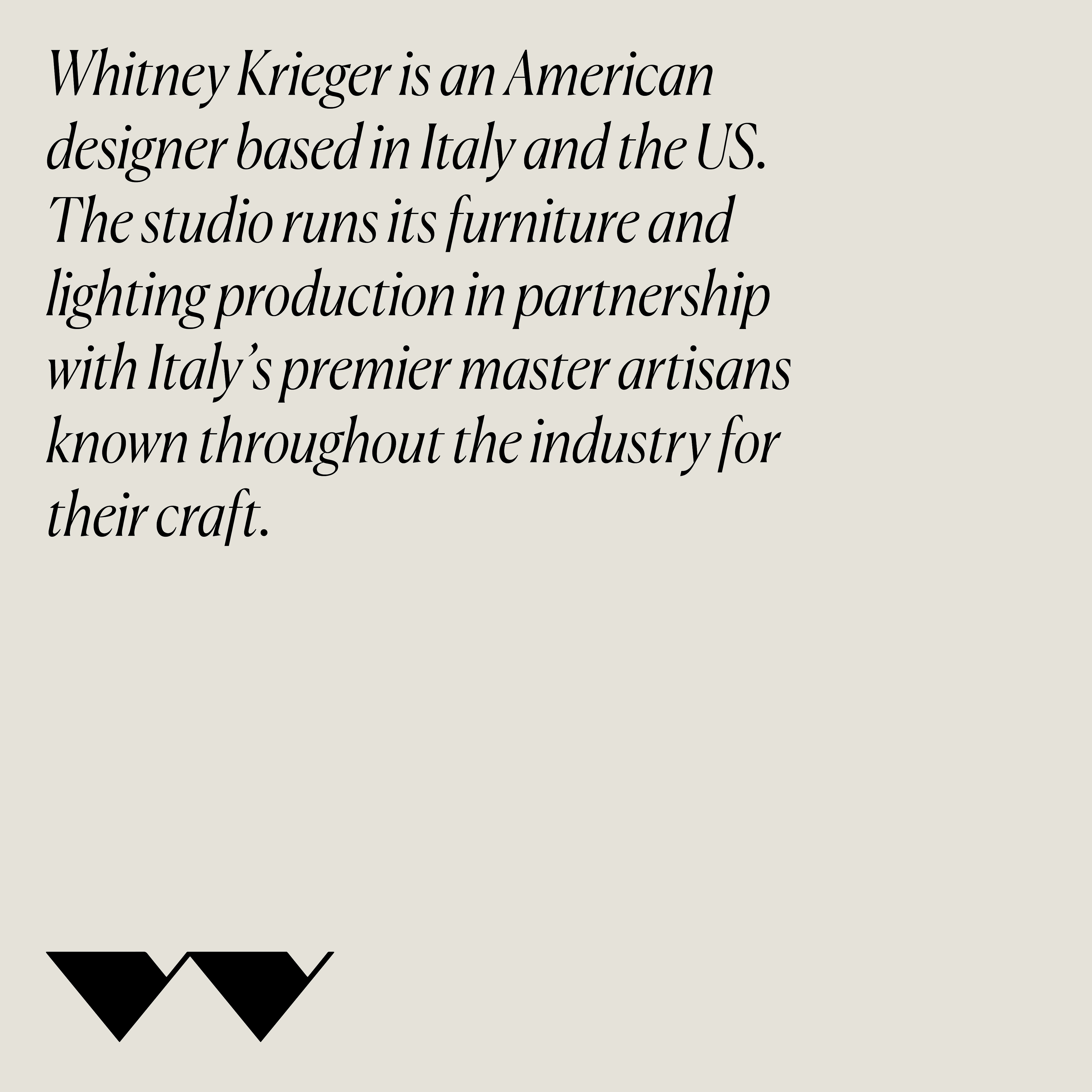 Text image with details about Whitney Krieger, an American designer based in Italy and the US, known for furniture and lighting production.