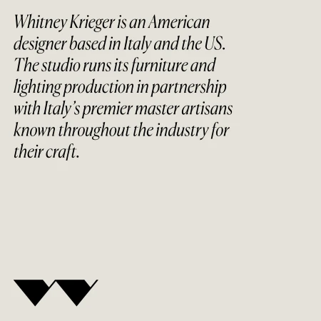Text image with details about Whitney Krieger, an American designer based in Italy and the US, known for furniture and lighting production.