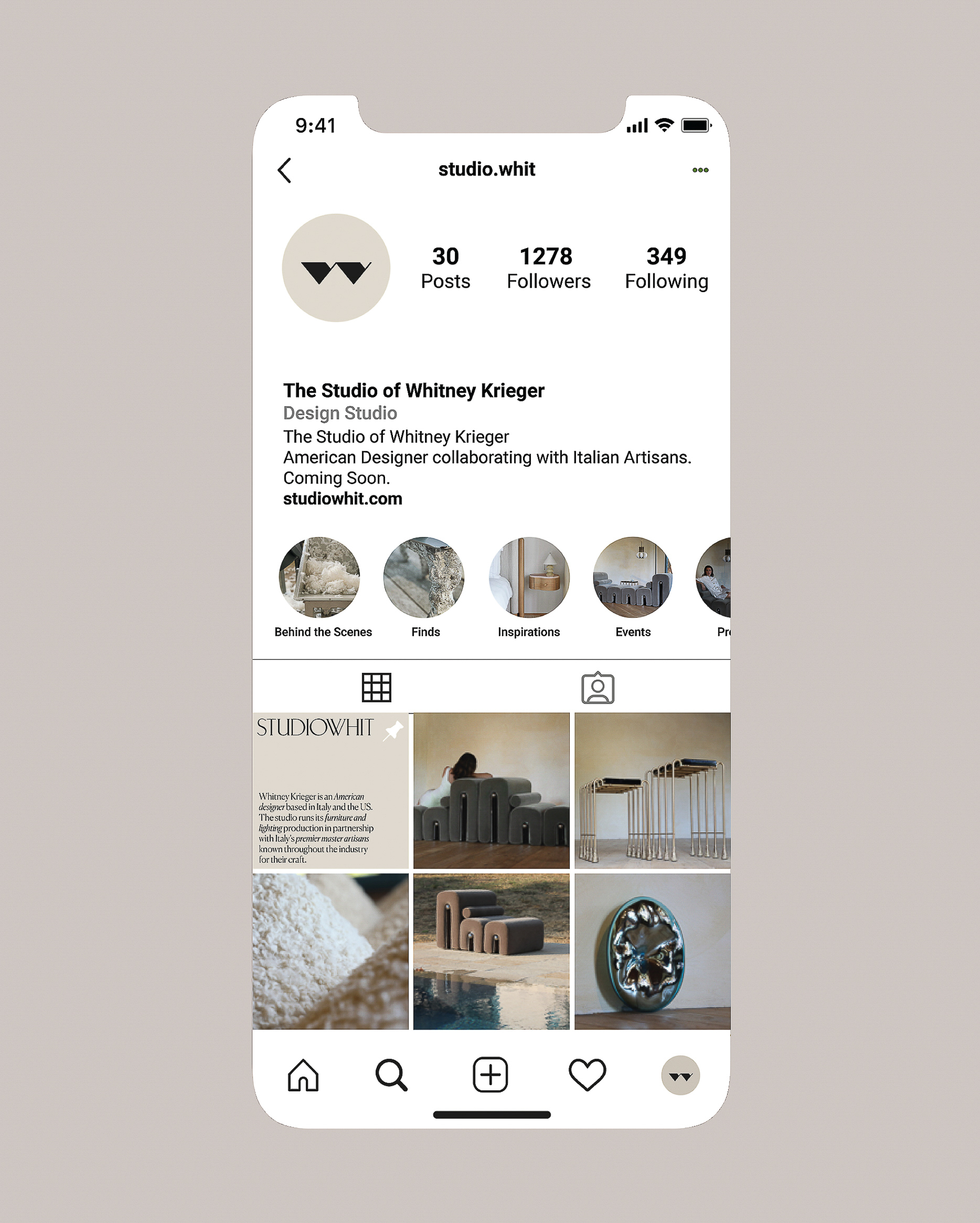 Screenshot of an iPhone displaying the Instagram profile page for Studio Whit, showcasing posts and profile information in a mobile interface.