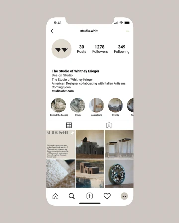Screenshot of an iPhone displaying the Instagram profile page for Studio Whit, showcasing posts and profile information in a mobile interface.