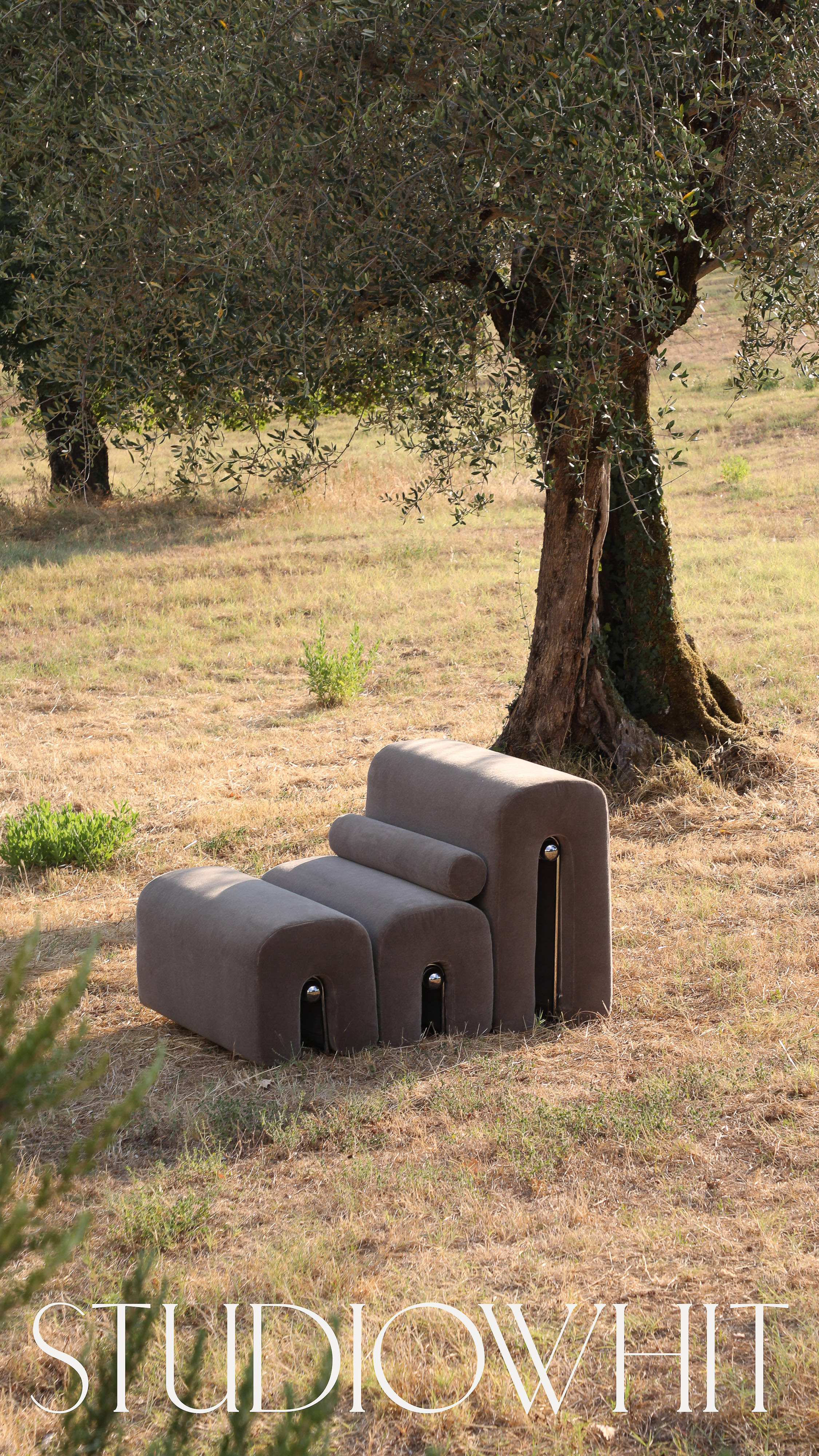 Brown modular sofa sits on grass in front of tree. Minimalist contemporary furniture design in outdoor setting. Studio Whit logo in foreground.
