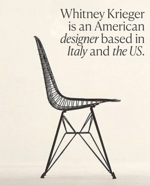 Close-up studio shot of a black wire chair with geometric design on a light beige background, minimal style and architecture details.