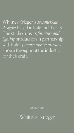 Informational studio shot displaying text about Whitney Krieger, an American designer based in Italy and the US, with neutral background.