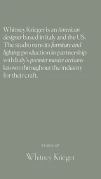 White serif typography on a sage green background describing designer Whitney Krieger and Italian artisan furniture production.