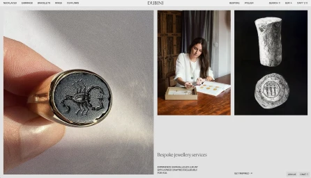 Dubini bespoke jewellery website design featuring a gold scorpion signet ring, female artisan at work, and antique stone carvings.