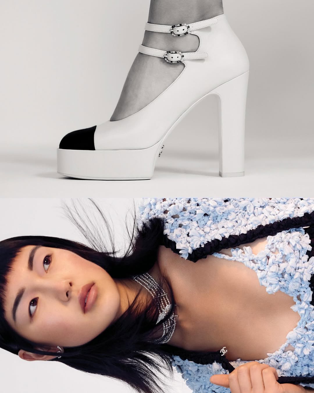 Fashion editorial shot featuring an Asian woman wearing a blue and white sweater alongside a white platform heel shoe with a black cap toe.