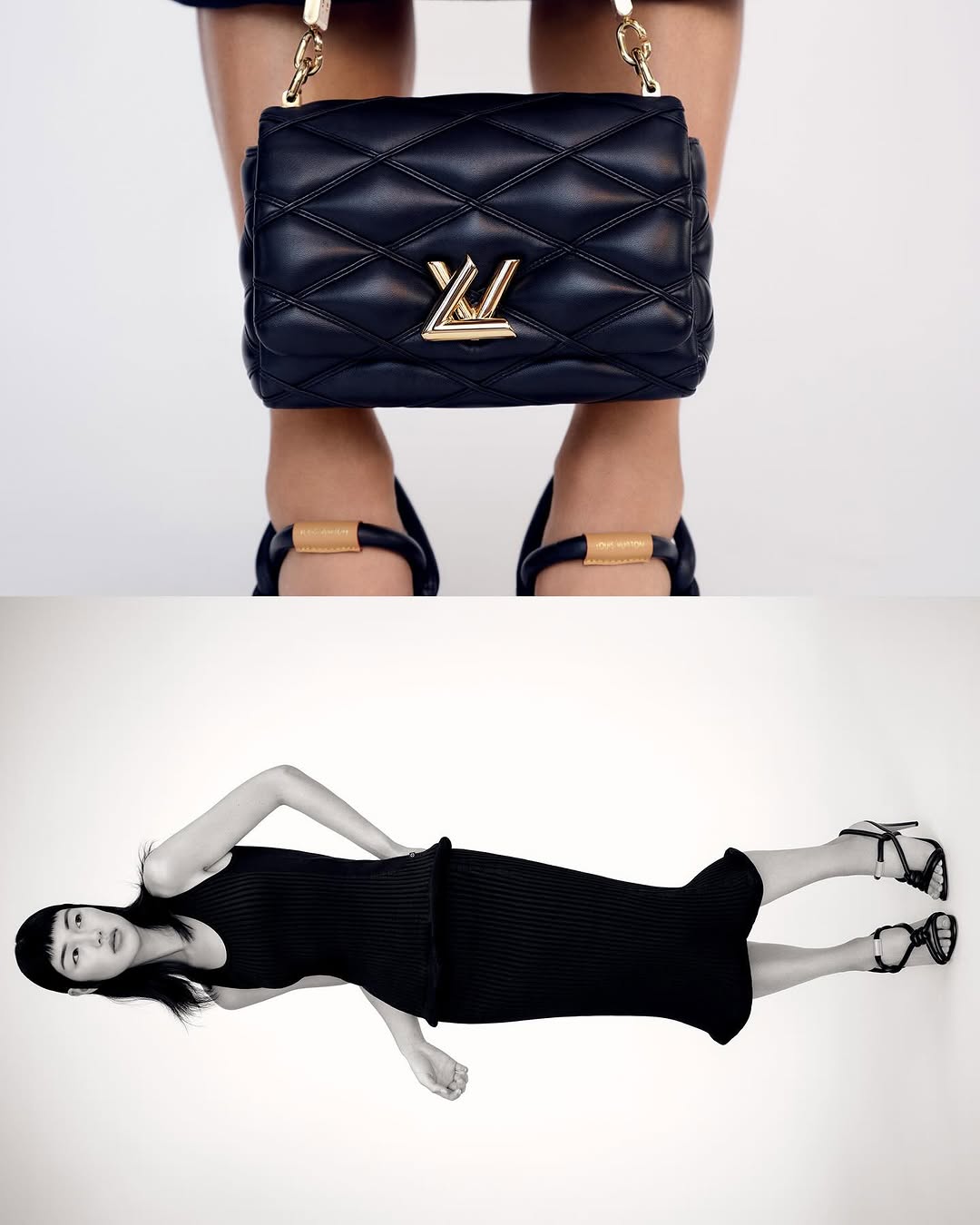 Fashion editorial shot displaying a woman in a black dress juxtaposed with a black quilted handbag with a gold logo and chain.