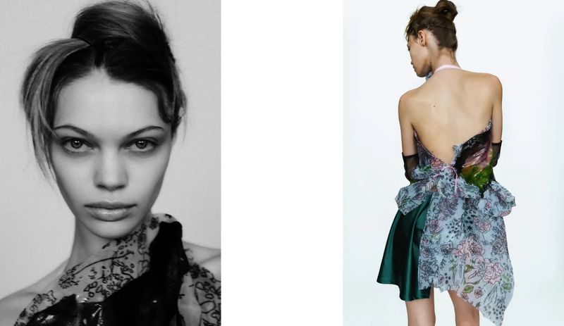 A fashion shot features an adult female model in a dress with floral fabric, presented against a white background in a studio setting.