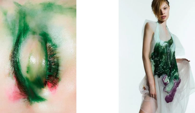 Close-up of a woman's face with bold green and pink makeup adjacent to a fashion shot of a woman in a sheer, flowing dress.