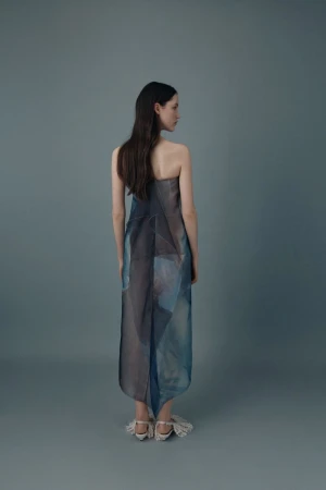 Model viewed from behind in a strapless blue and grey abstract-print midi dress and fringe-detailed heels against a muted blue studio backdrop.