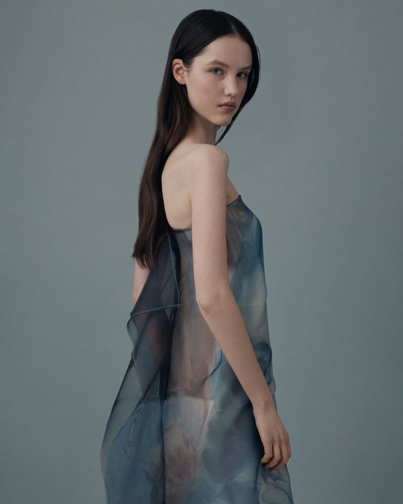 Model wearing a sheer printed strapless dress looking over her shoulder against a plain grey-blue studio backdrop.