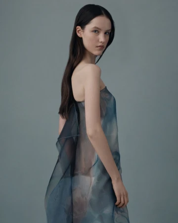 Model wearing a sheer printed strapless dress looking over her shoulder against a plain grey-blue studio backdrop.