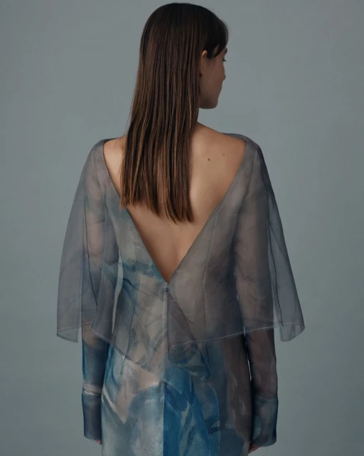 A young woman with long brown hair poses in a studio wearing a semi-sheer blue and gray dress, with her back partially exposed.