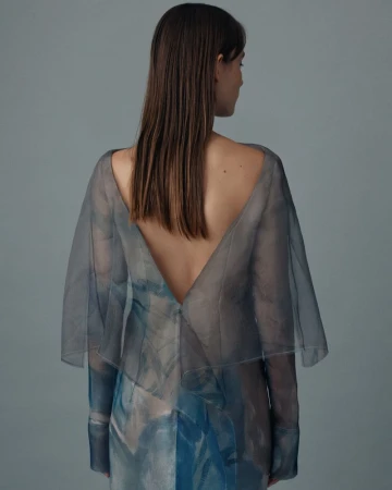 A young woman with long brown hair poses in a studio wearing a semi-sheer blue and gray dress, with her back partially exposed.