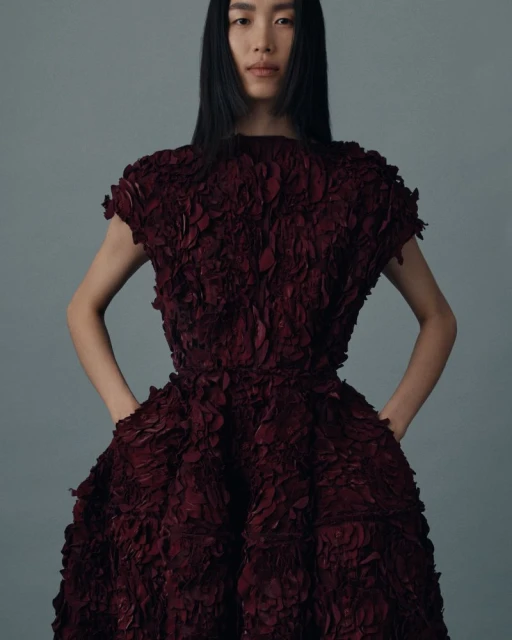 Fashion editorial shot of a single adult female model wearing a burgundy dress with a textured, layered petal design on a grey background.