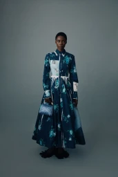 Black female model wearing a printed navy floral collared maxi dress and holding a small handbag against a grey studio backdrop.