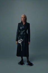 A woman with long grey hair wearing a tailored black leather coat with white floral embroidery against a plain grey-blue studio backdrop.
