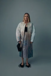 Model posing in an Erdem rounded-sleeve landscape printed coat and matching skirt with black fringe shoes against a slate backdrop.