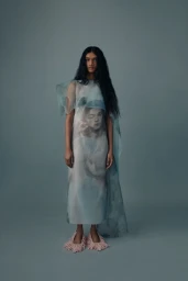 Model wearing a printed portrait dress with a sheer blue overlay and fringed slip-on shoes against a solid grey backdrop.