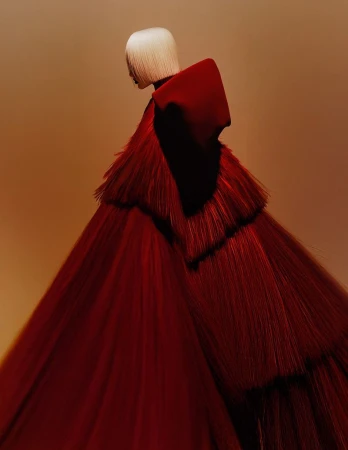 Fashion shot featuring a model in a textured, layered red gown and white bob hairstyle, set against a warm, golden-brown gradient background.