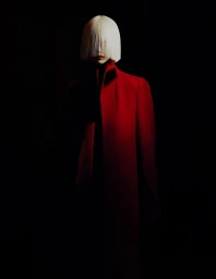 Model wearing a structured red coat and a blunt white bob haircut obscured by heavy shadow on a black background.