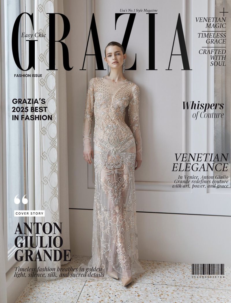 Grazia magazine cover featuring a woman in a sheer, embellished gown, posing against a neutral wall with marble floors and large title text.