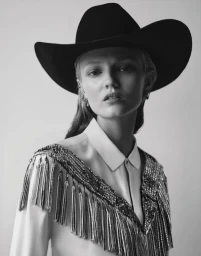 Black and white portrait of a woman wearing a dark cowboy hat and a fringed collared shirt against a plain background