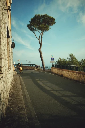 Street view with a yellow scooter, a solitary tree, a pedestrian crossing sign, and coastal views under a clear sky near a stone building.