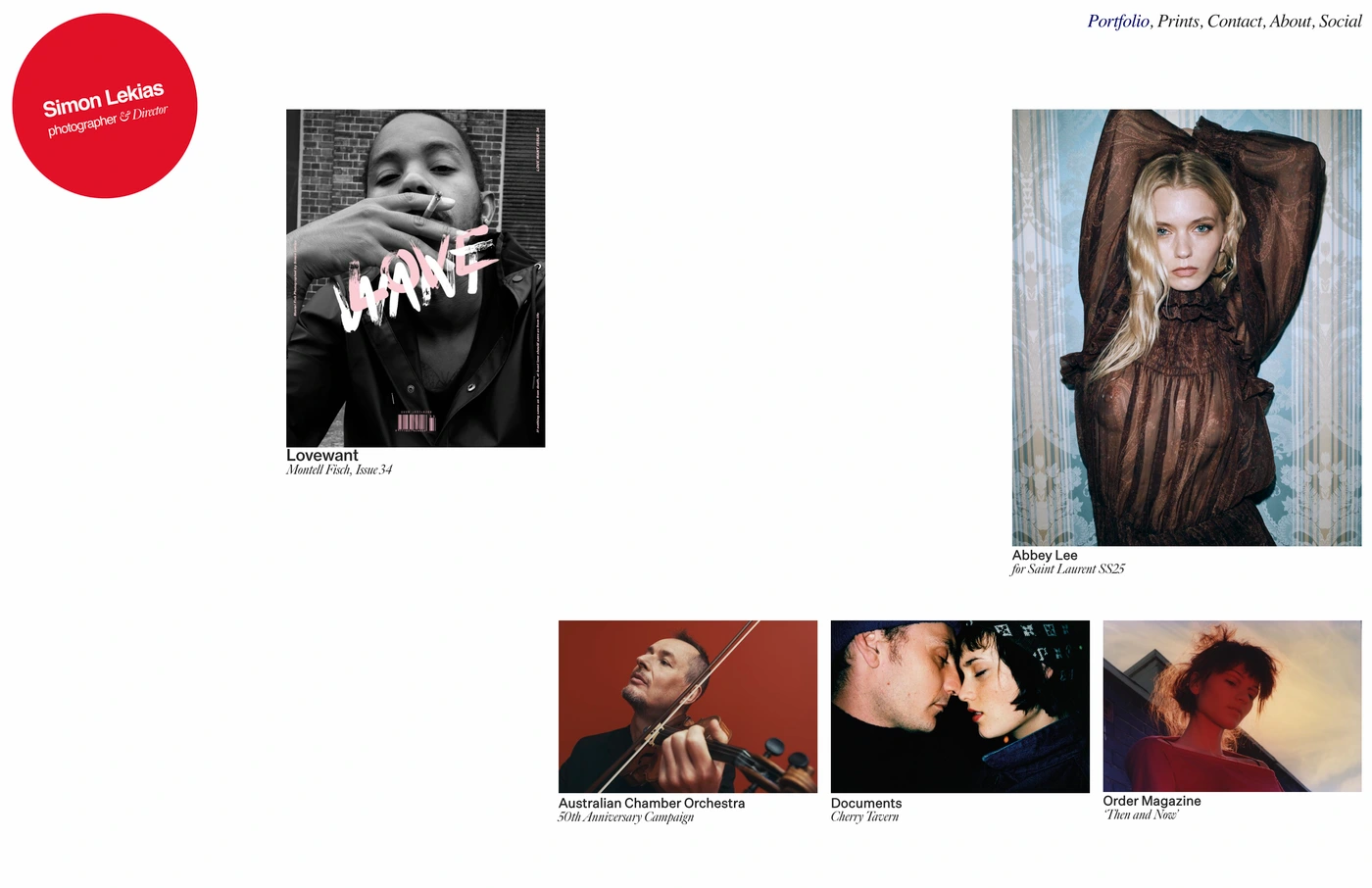Digital portfolio layout for photographer Simon Lekias displaying editorial fashion and portrait photography thumbnails on white.