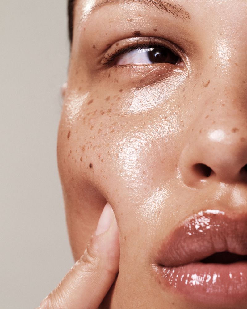 Close-up studio shot of a woman's face with glossy skin, visible freckles, and a finger touching her cheek, showcasing beauty and skincare.