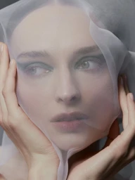 Close-up beauty portrait of a woman with smoky eye makeup seen through a sheer white fabric veil framing her face.