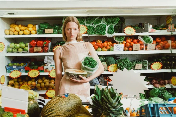 Woman in grocery store holds cantaloupe and bag of greens; shelves with produce like peppers, lettuce, tomatoes in background.