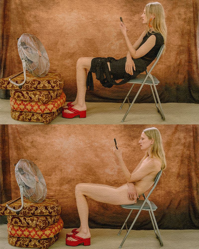 A split frame displays a woman in two scenarios: clothed in a black dress while using a smartphone and posing nude while sitting on a chair.