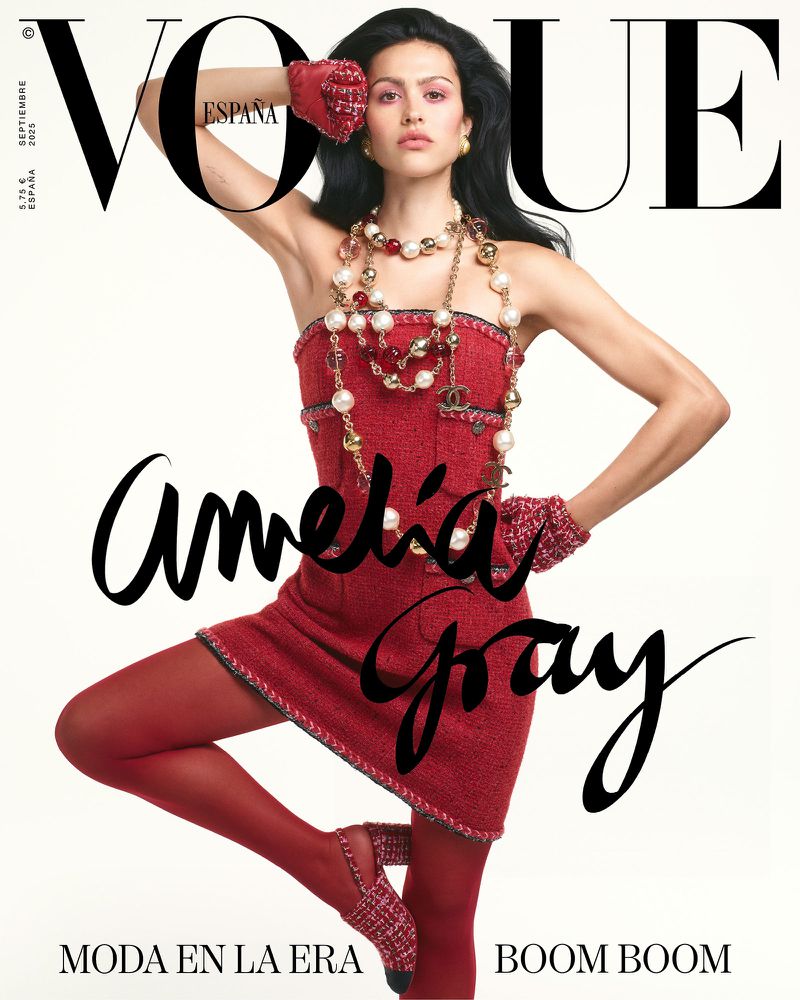 Vogue España cover featuring a woman in a red dress, jewelry, and gloves striking a pose against a white background, with 'Amelia Gray' text.