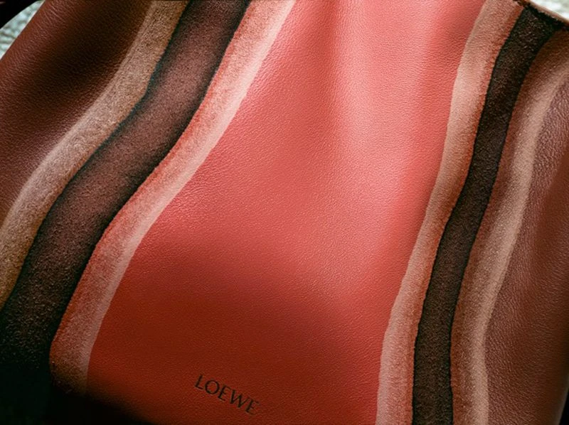 Close-up of a Loewe handbag featuring a striped pattern in shades of brown and red, highlighting the texture of the leather.