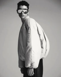 Model wearing large reflective ski goggles and an oversized quilted jacket against a plain grey backdrop