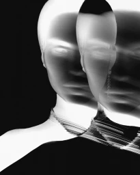 Monochrome multiple-exposure portrait of a model wearing diamond jewellery against a dark background