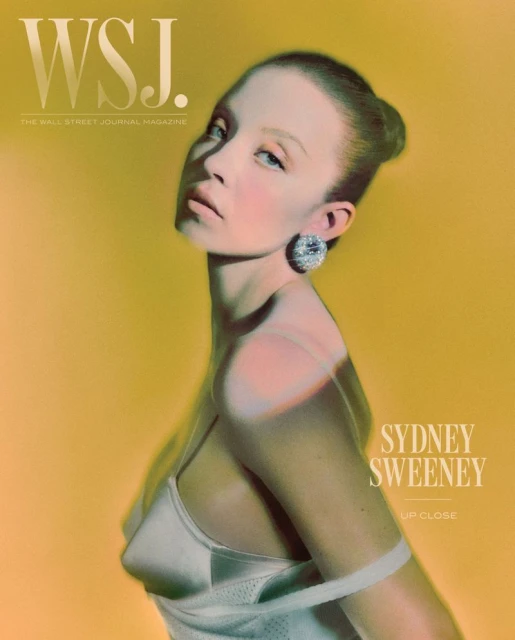 WSJ magazine cover featuring Sydney Sweeney, showcasing her in a white top against a warm yellow background. Focus is on her beauty.