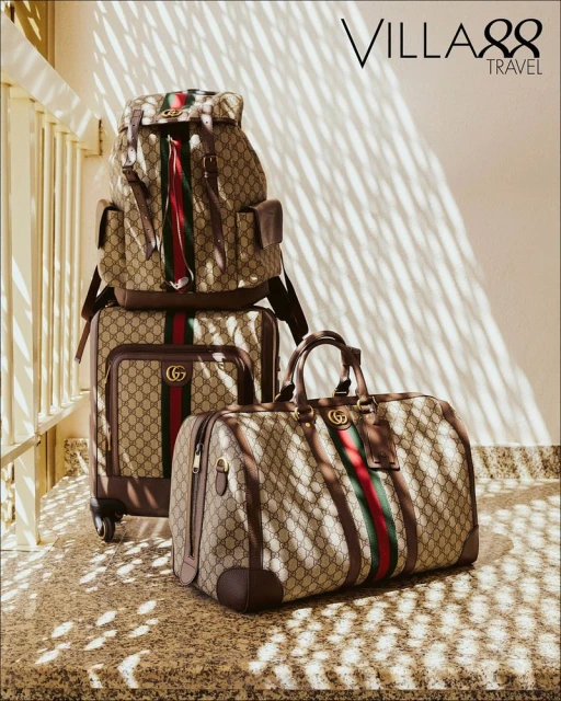 Gucci travel luggage set featuring a backpack, carry-on suitcase, and duffel bag with the brand's signature monogram design.