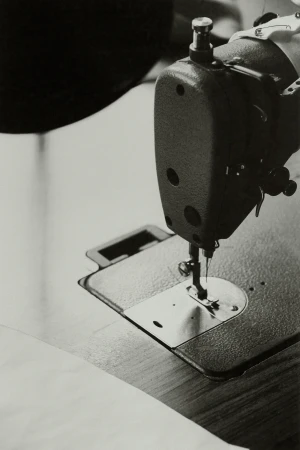 Close-up of a vintage sewing machine with the needle visible and a piece of fabric, set against a dark, blurred background.