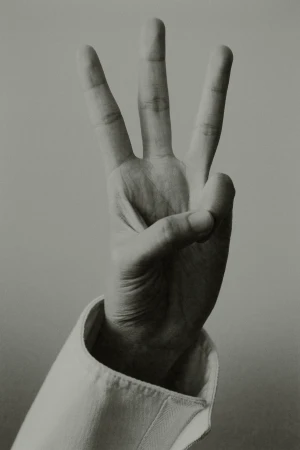 A close-up photograph features a hand held up displaying three fingers against a neutral backdrop, showcasing the gesture.