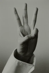 Close-up of a hand raised showing three fingers against a plain light background, wearing a light-coloured shirt cuff.