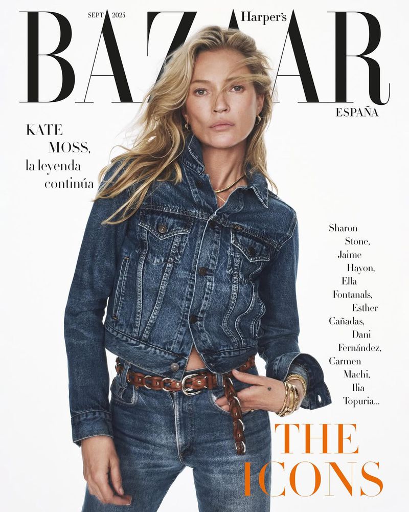 Magazine cover featuring Kate Moss in denim jacket and jeans on white backdrop. Harper's Bazaar logo and title 'The Icons' visible.
