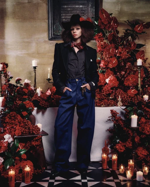 A person in a black blazer, large hat, and blue trousers stands among a red floral display and candles on a black and white floor.