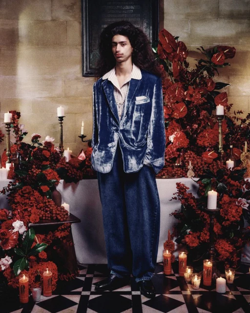 Adult male in an oversized blue velvet jacket and jeans poses in an indoor setting with red flowers, candles, and a black-and-white tiled floor.