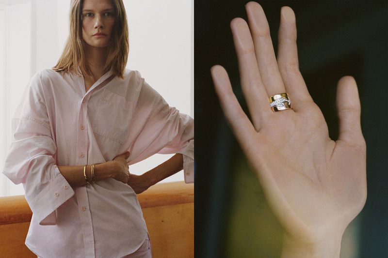 Woman in a pink button-down shirt with gold bracelets poses next to a close-up of a hand with a gold and diamond ring.