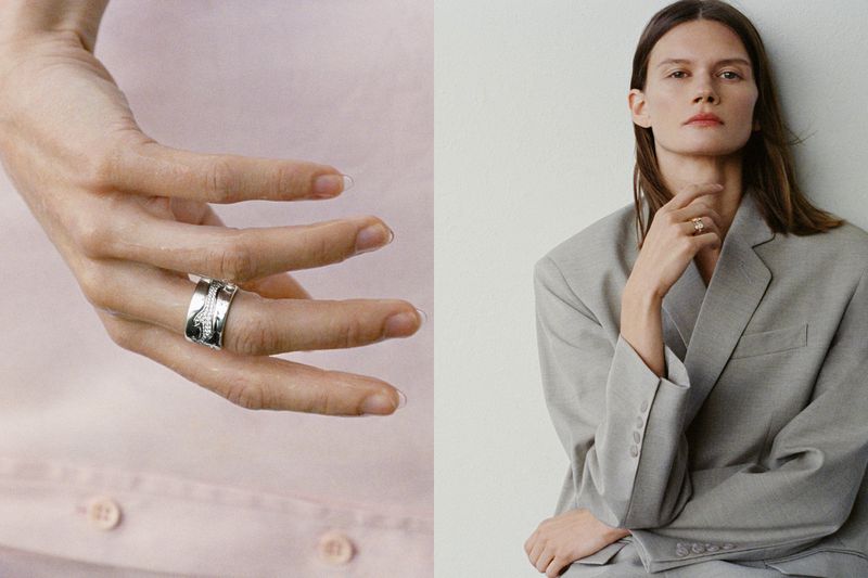 Diptych showing a close-up of a silver ring on a hand beside a model in an oversized grey blazer for Georg Jensen.