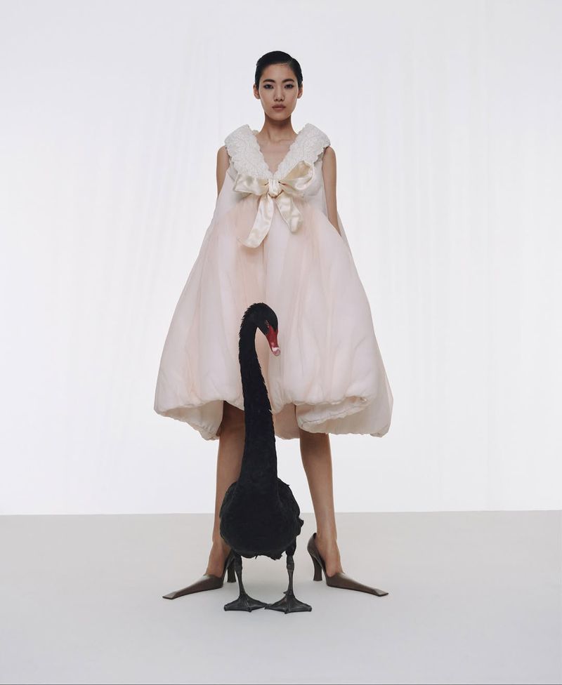 Fashion shot featuring a woman in a pink gown with a large bow, standing next to a black swan in a minimalist white studio setting.