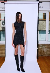 Model Paulina Pitsikalis standing in a black mini dress and knee-high boots in front of a white studio backdrop.