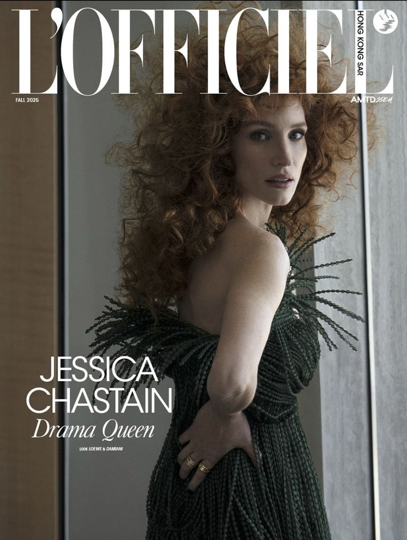 Jessica Chastain on L'Officiel Hong Kong cover, Fall 2023. Red hair, green textured dress, elegant pose, neutral background, magazine masthead.